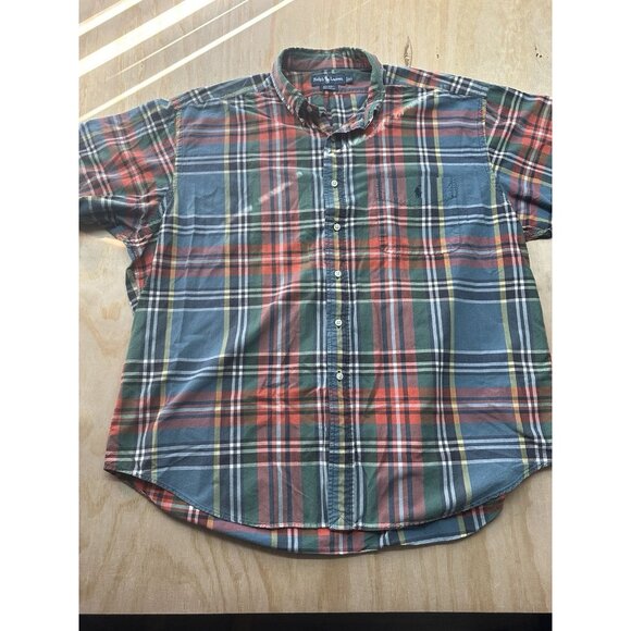 Ralph Lauren Big Shirt Men XL Red Green Plaid Short Sleeve Button Down Cotton - Picture 1 of 6
